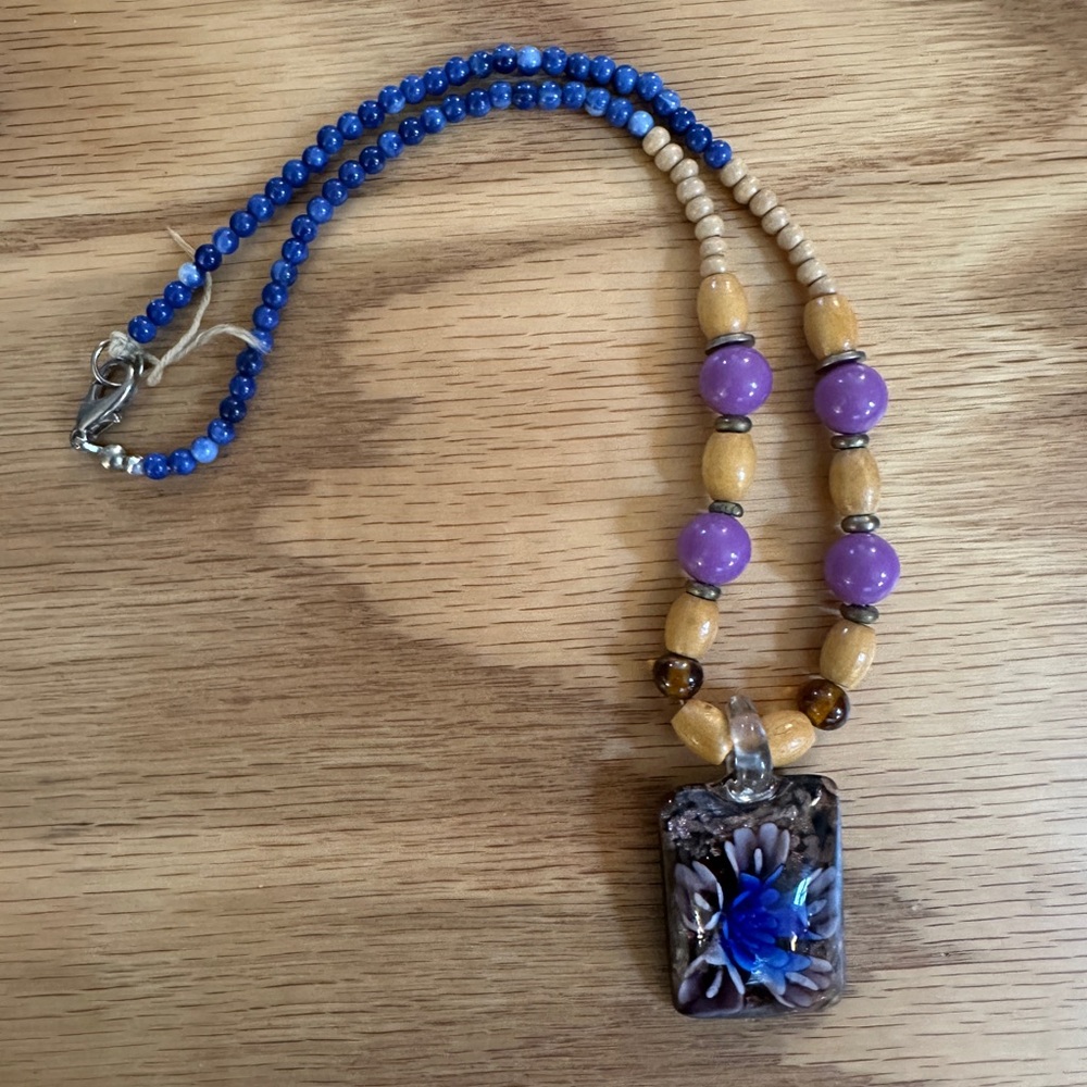 Handcrafted Blue and Purple Beaded Necklace with Fused Pendant
